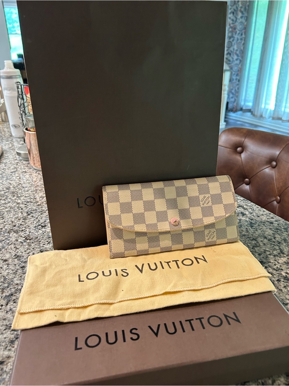 Louis Vuitton Damier Azur Checkered Continental Wallet - Beige/Blue with Pink.